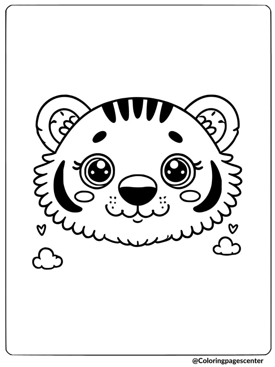 Coloring page displaying a happy baby tiger face with wide eyes