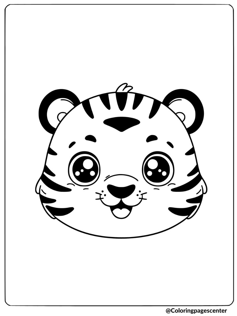 Coloring page featuring a happy tiger face with big eyes