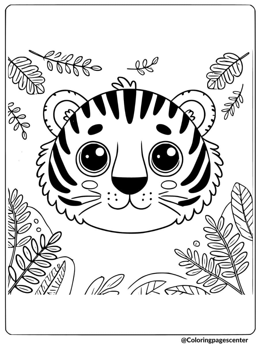 Coloring page featuring a tiger face surrounded by jungle leaves