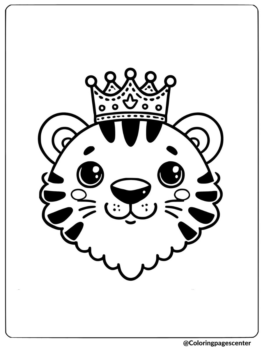 Coloring page of a king tiger face wearing a crown