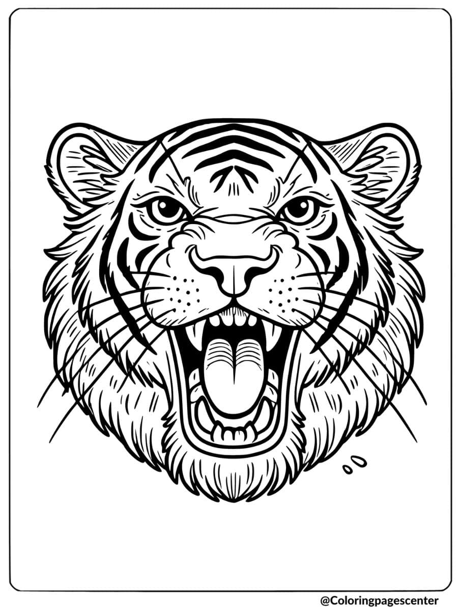 Coloring page showing a fierce roaring tiger face