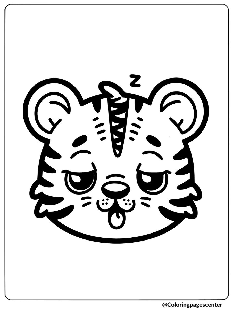 Coloring page of a sleepy tiger face with droopy eyes