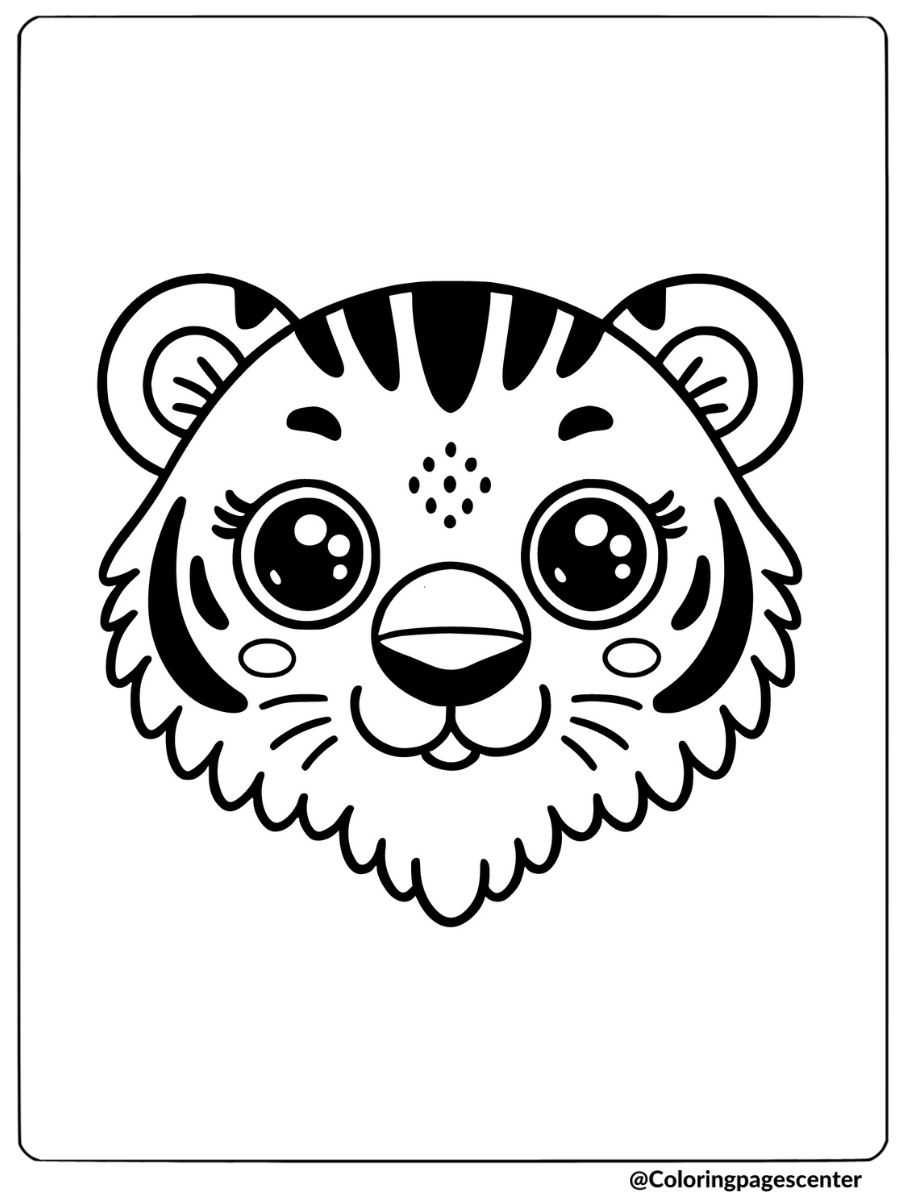 Coloring page featuring a smiling baby tiger face