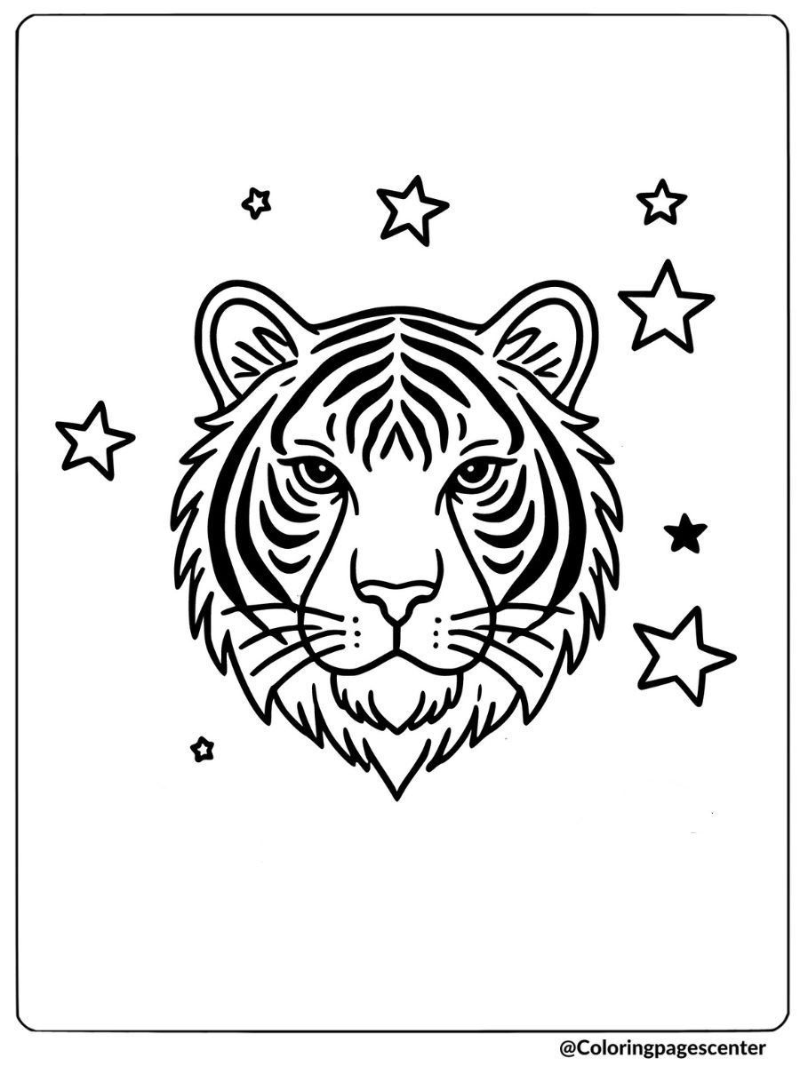 Coloring page of a tiger face with stars in the background