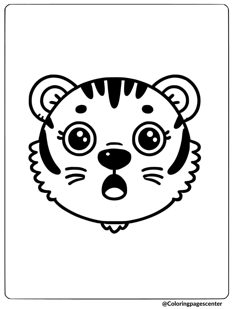 Coloring page showing a surprised tiger face with wide-open eyes