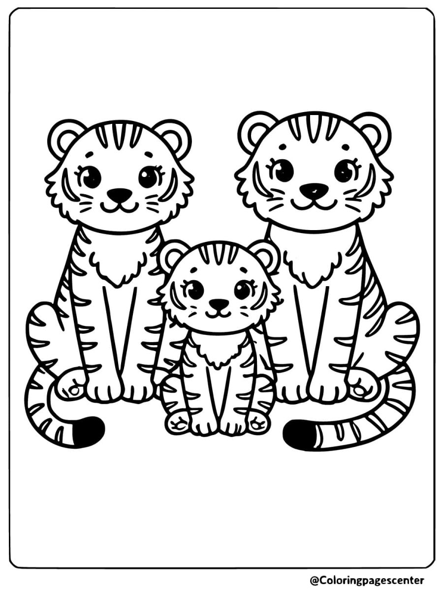 Adorable tiger family posing together coloring page