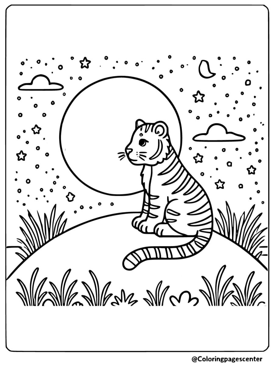 Tiger sitting on a hill, gazing at a full moon coloring page