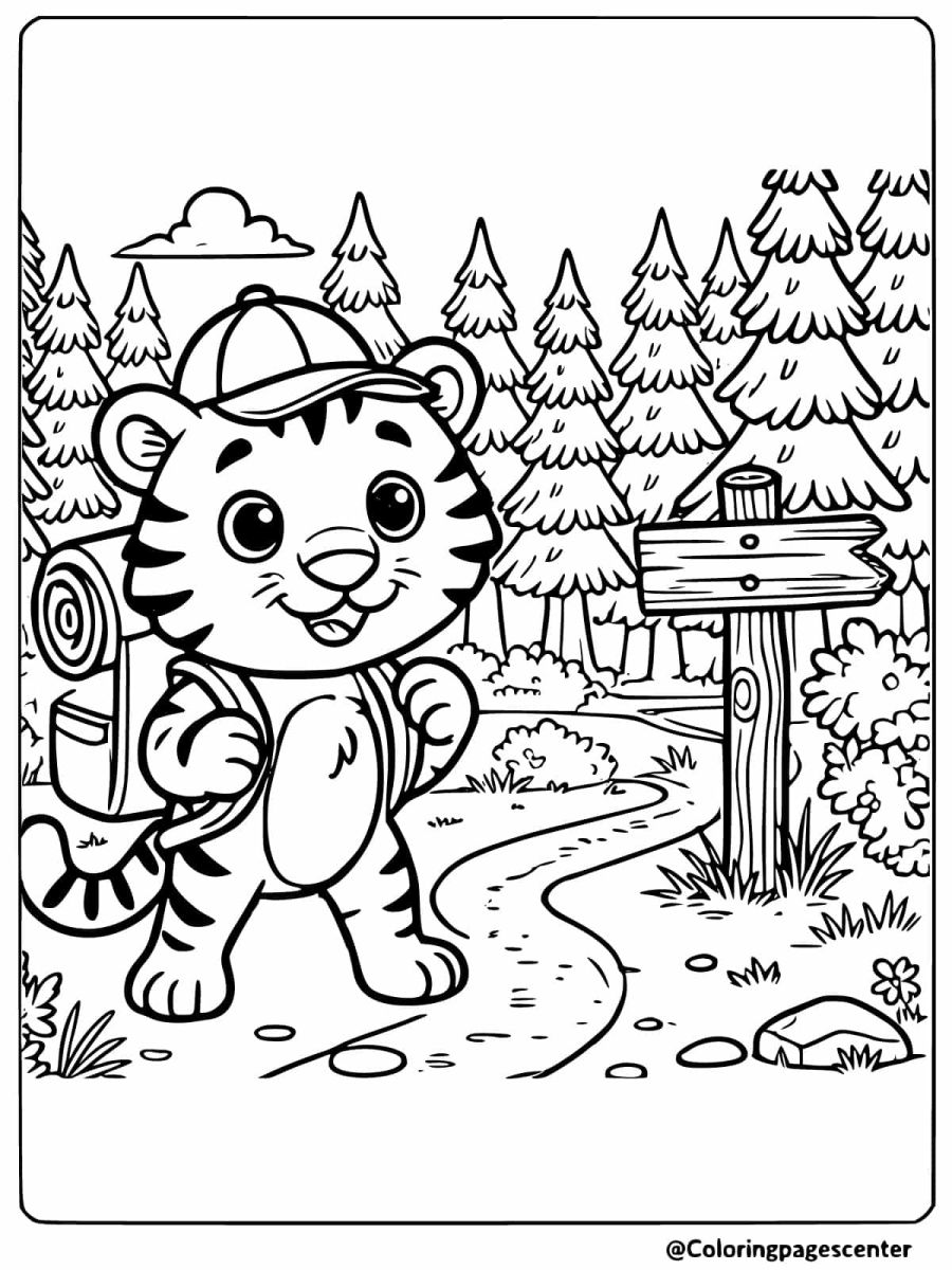 Adorable tiger with backpack on a forest trail coloring page