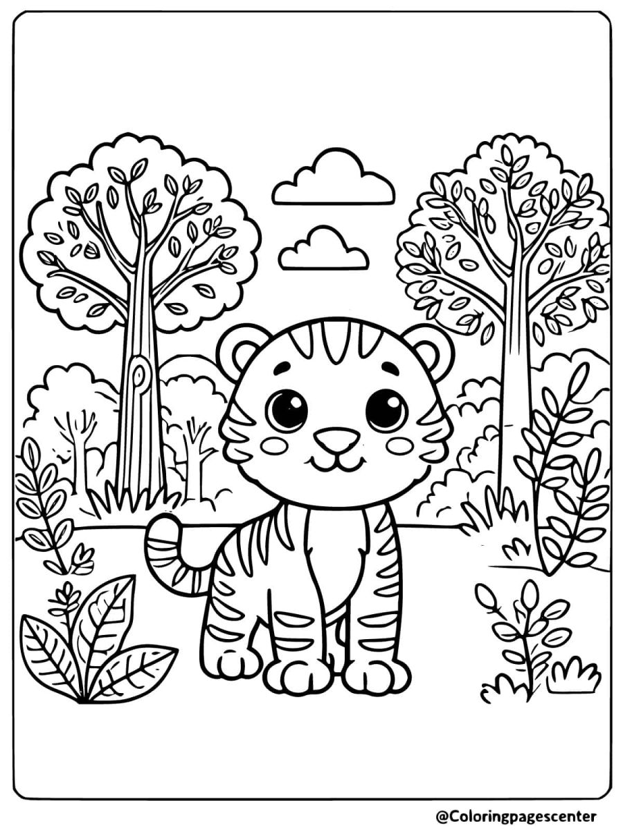 Cute tiger standing in a jungle scene coloring page