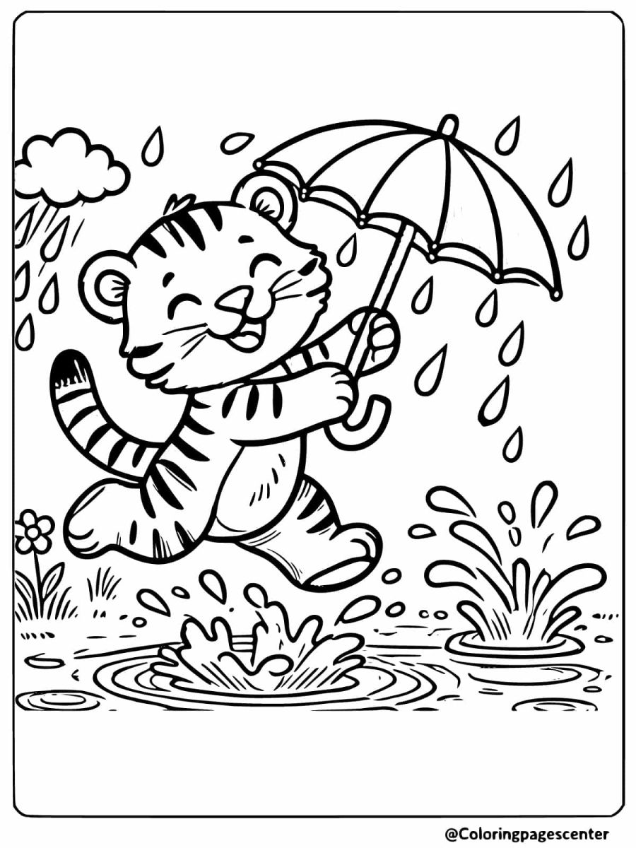 Cute tiger holding umbrella in the rain coloring page