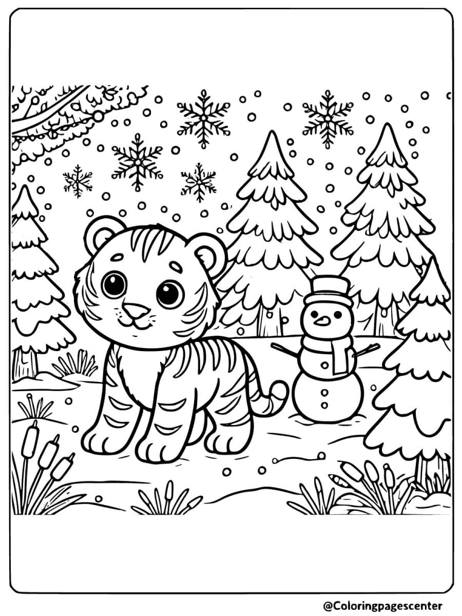 Cute tiger in a snowy forest with a snowman coloring page