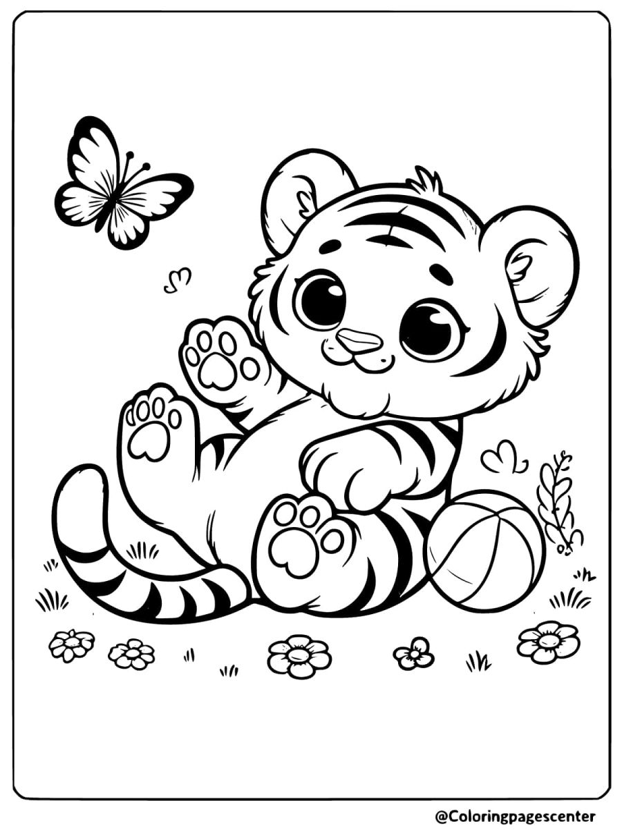 Playful tiger with a butterfly in a garden coloring page