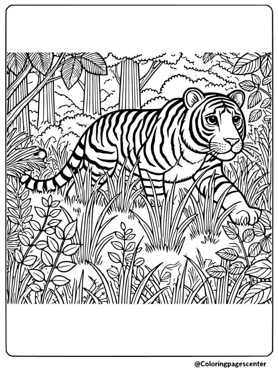 Tiger stealthily moving through the dense jungle coloring page