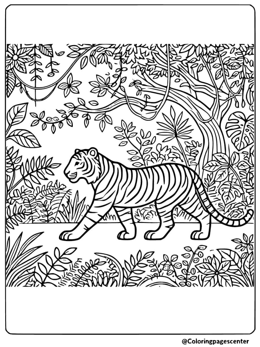 Tiger walking through a dense jungle filled with leaves and vines coloring page