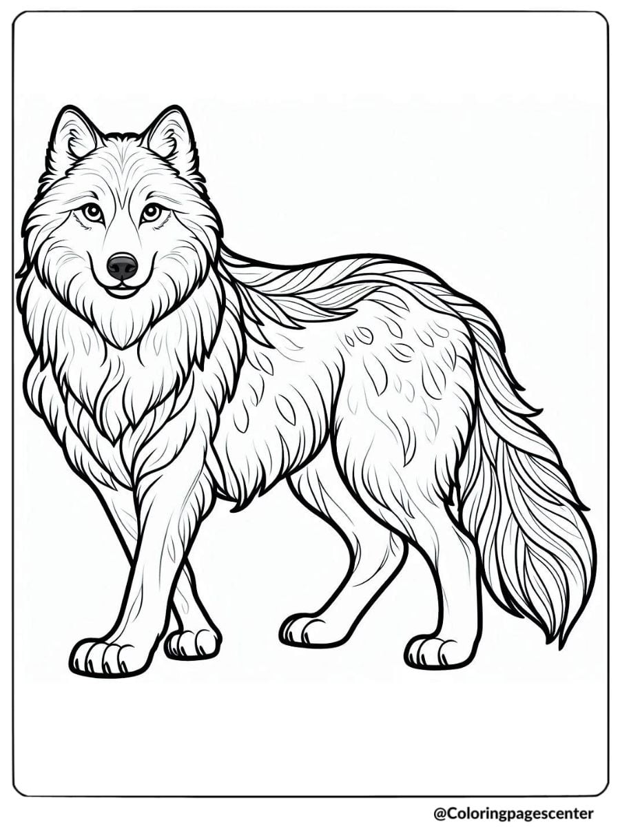 Fluffy-coated wolf with a gentle expression coloring page