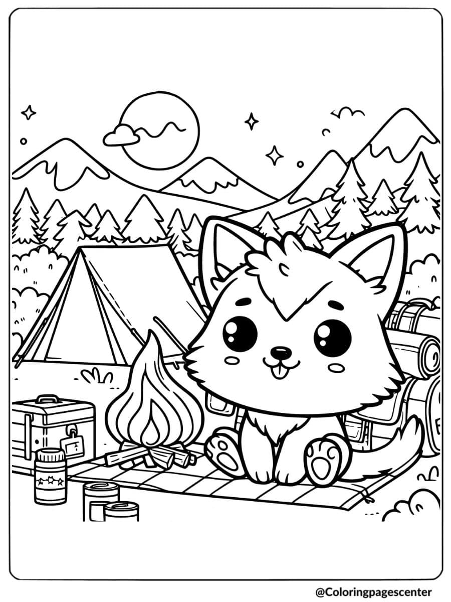 Coloring page of a cute wolf enjoying a campfire in the mountains