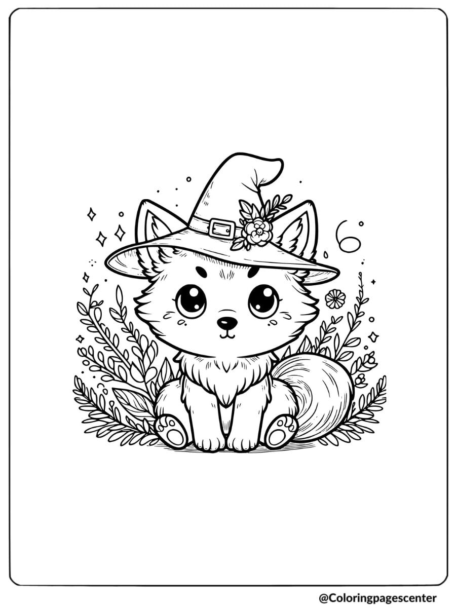 Coloring page of a cute wolf wearing a witch hat