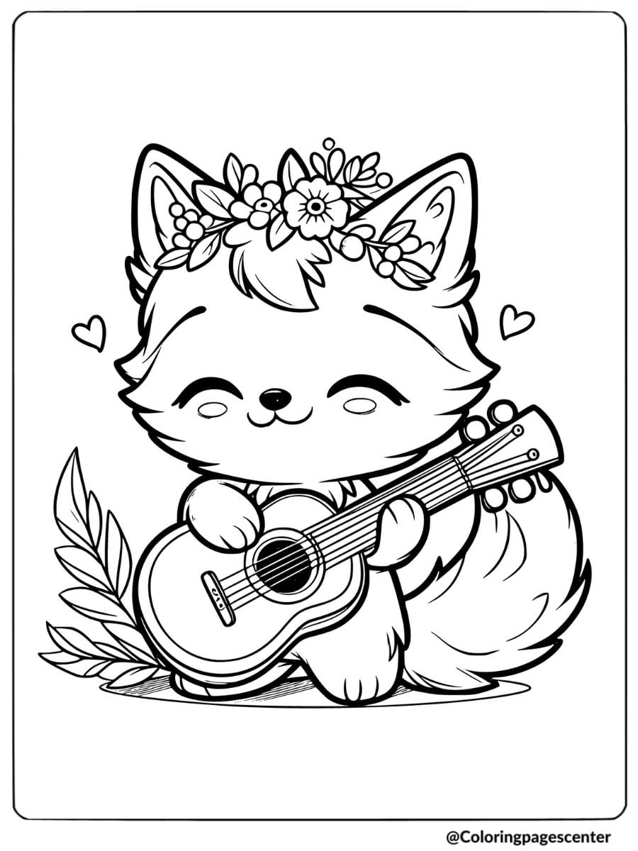 Coloring page of a cute wolf playing a guitar with a floral crown