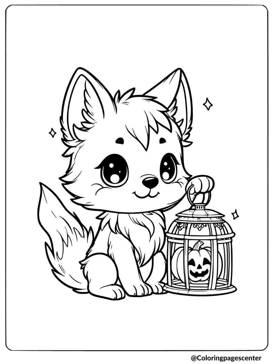 Coloring page of a cute wolf holding a pumpkin lantern