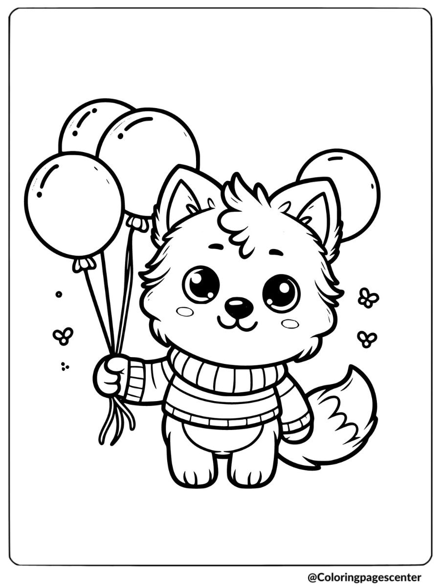 Coloring page of a cute wolf holding balloons in a sweater