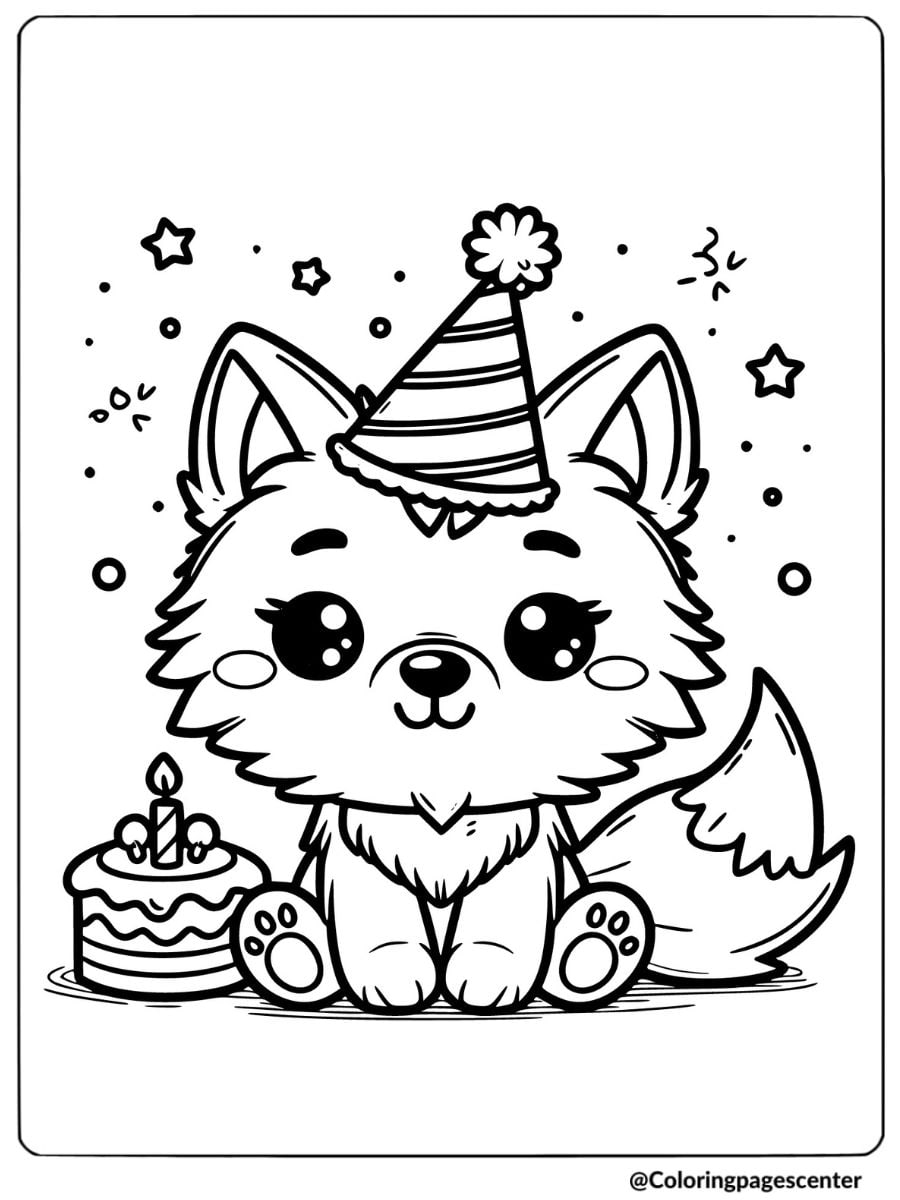 Coloring page of a cute kawaii wolf wearing a party hat next to a cake