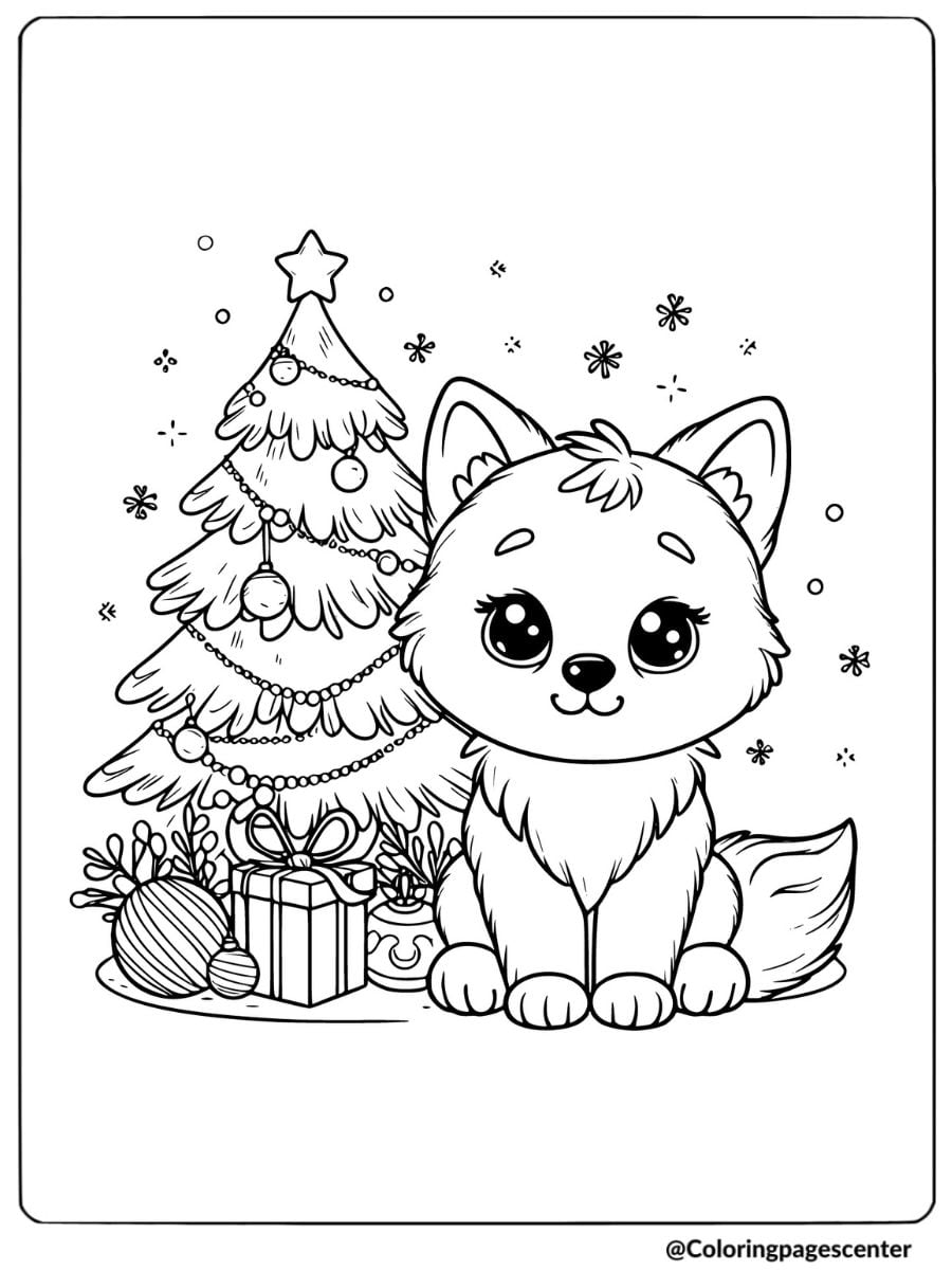 Coloring page of a cute wolf sitting by a Christmas tree