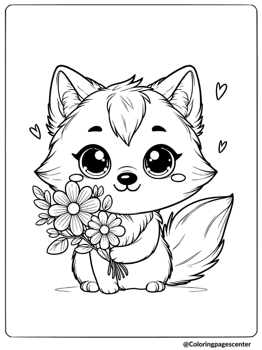 Coloring page of a cute wolf holding a bouquet of flowers