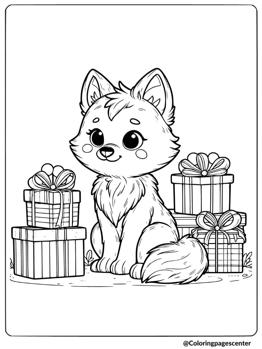 Coloring page of a cute wolf sitting beside wrapped presents