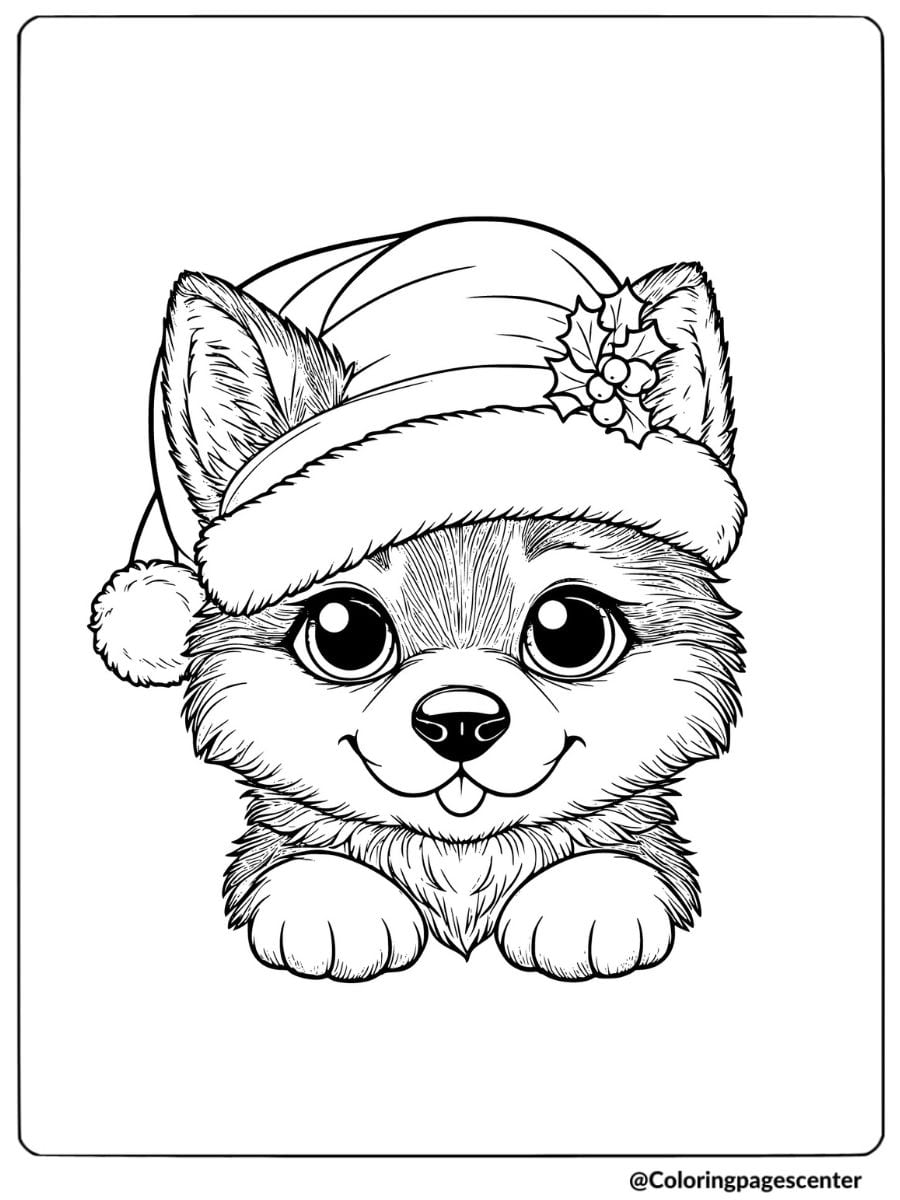 Cute wolf pup wearing a Santa hat coloring page