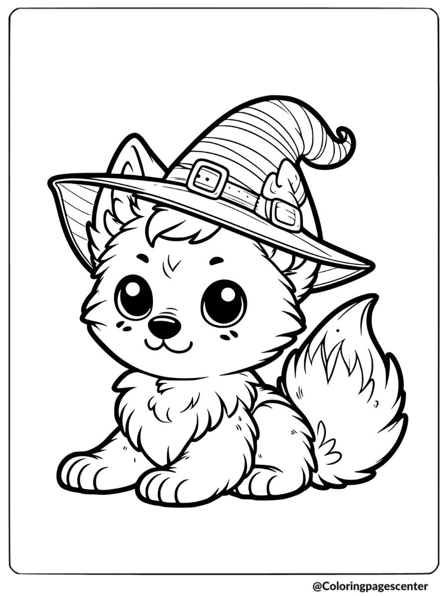 Adorable wolf pup wearing a hat coloring page