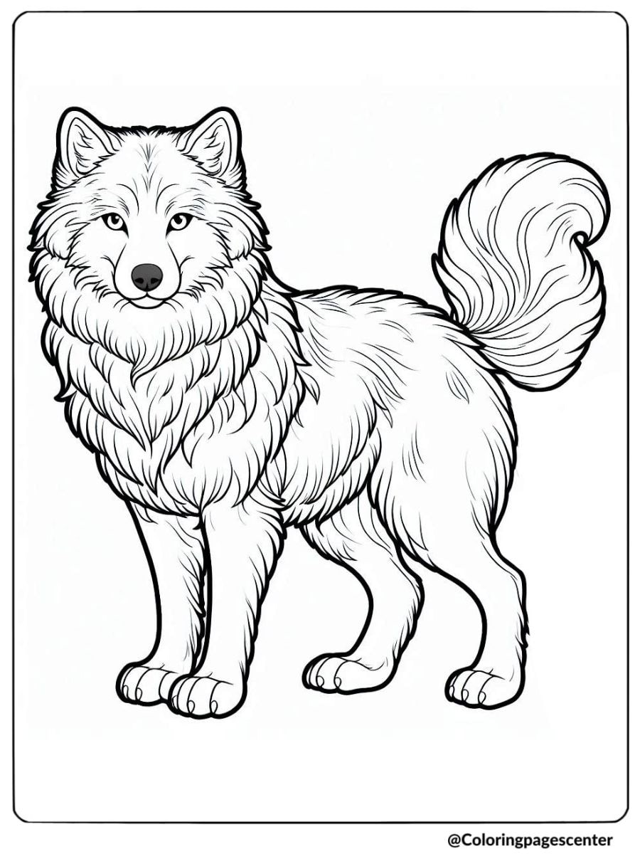 Bushy-tailed wolf in a detailed outline coloring page