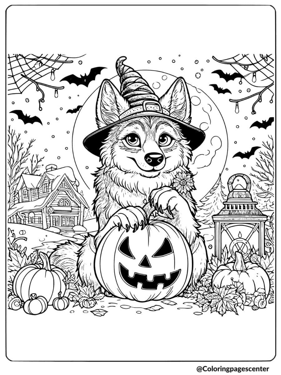 Halloween wolf pup with a pumpkin coloring page