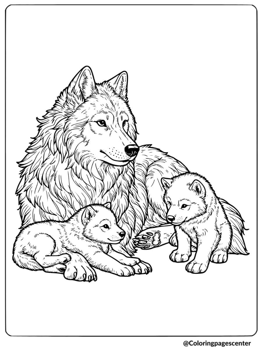 Wolf with her pups resting coloring page