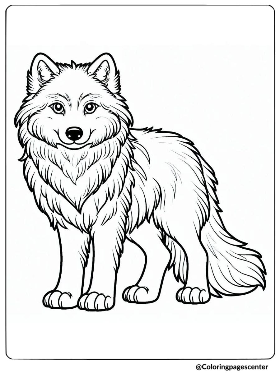 Serene wolf standing in nature with plants coloring page