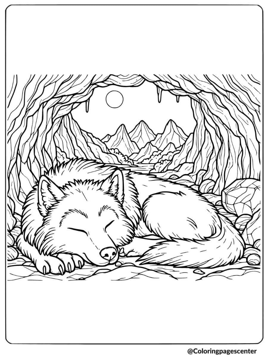 Wolf peacefully sleeping in a cave coloring page