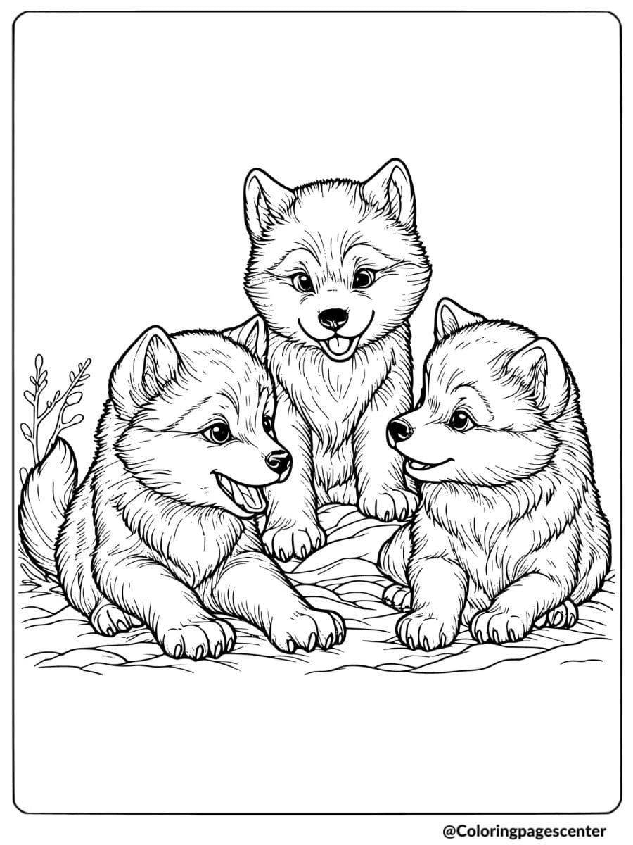 Three playful wolf pups together coloring page