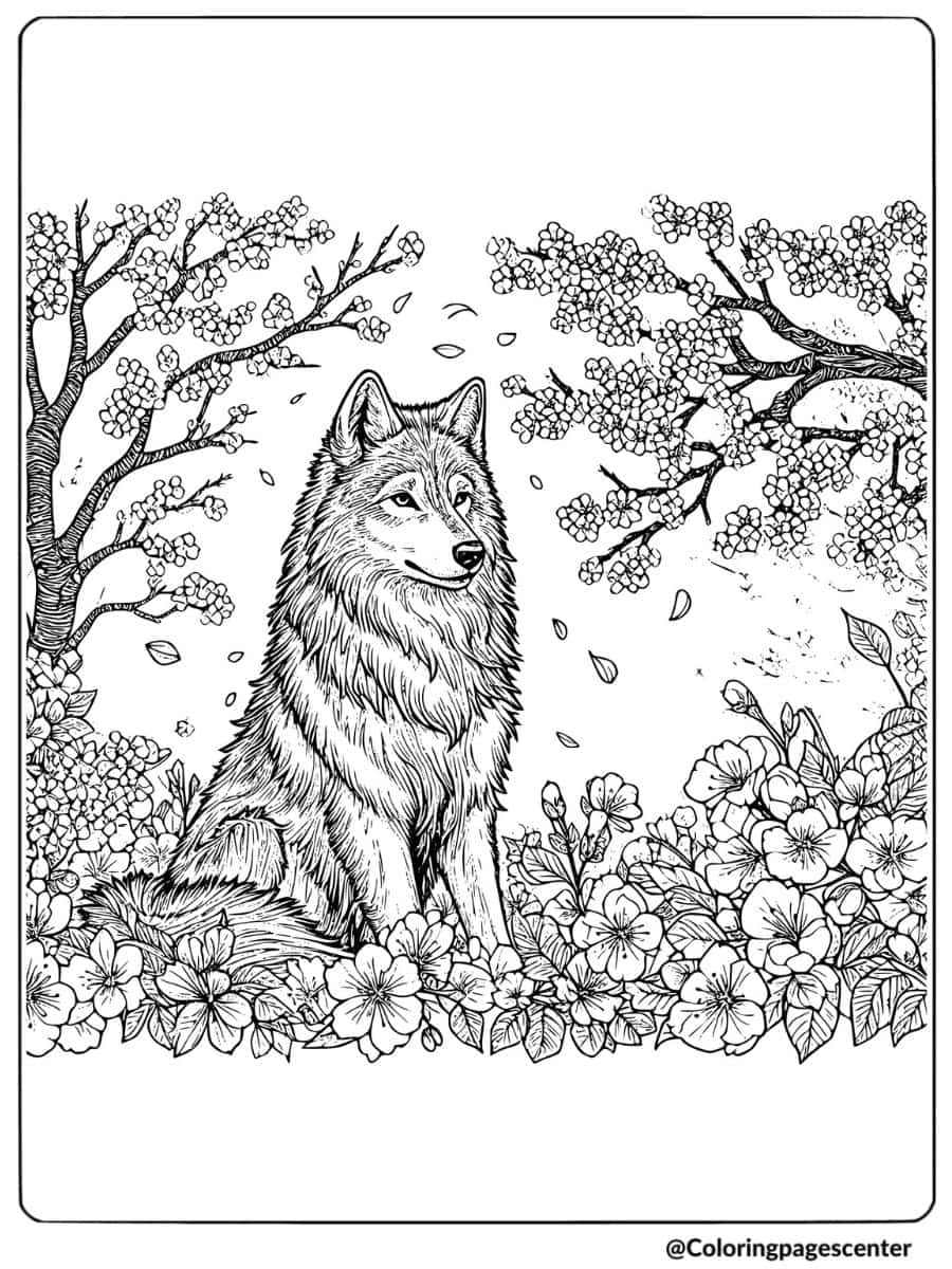 Wolf surrounded by blooming flowers coloring page