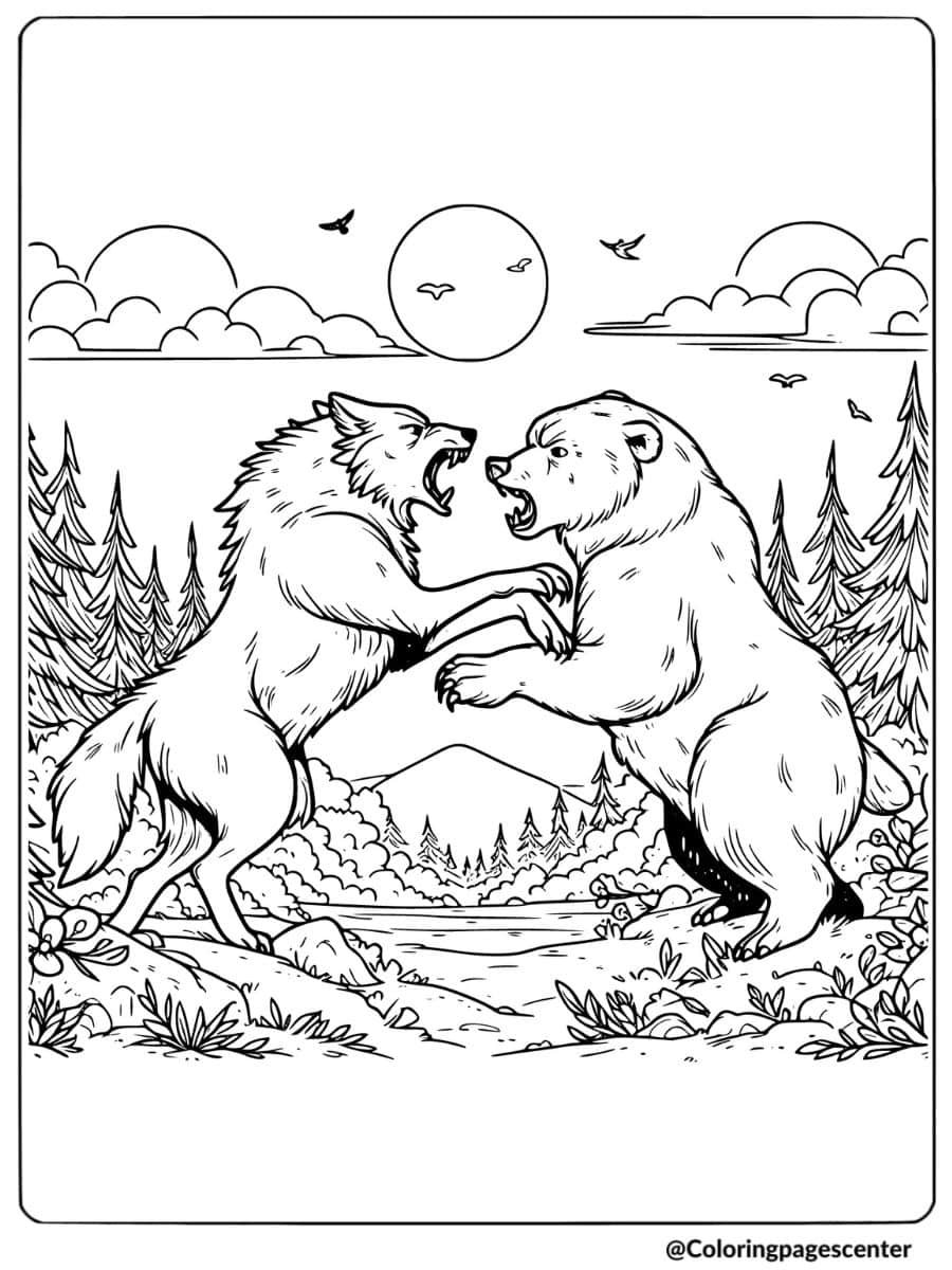 Bear and wolf in a standoff coloring page