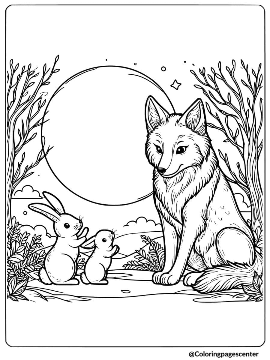 Wolf and rabbits under the moon coloring page