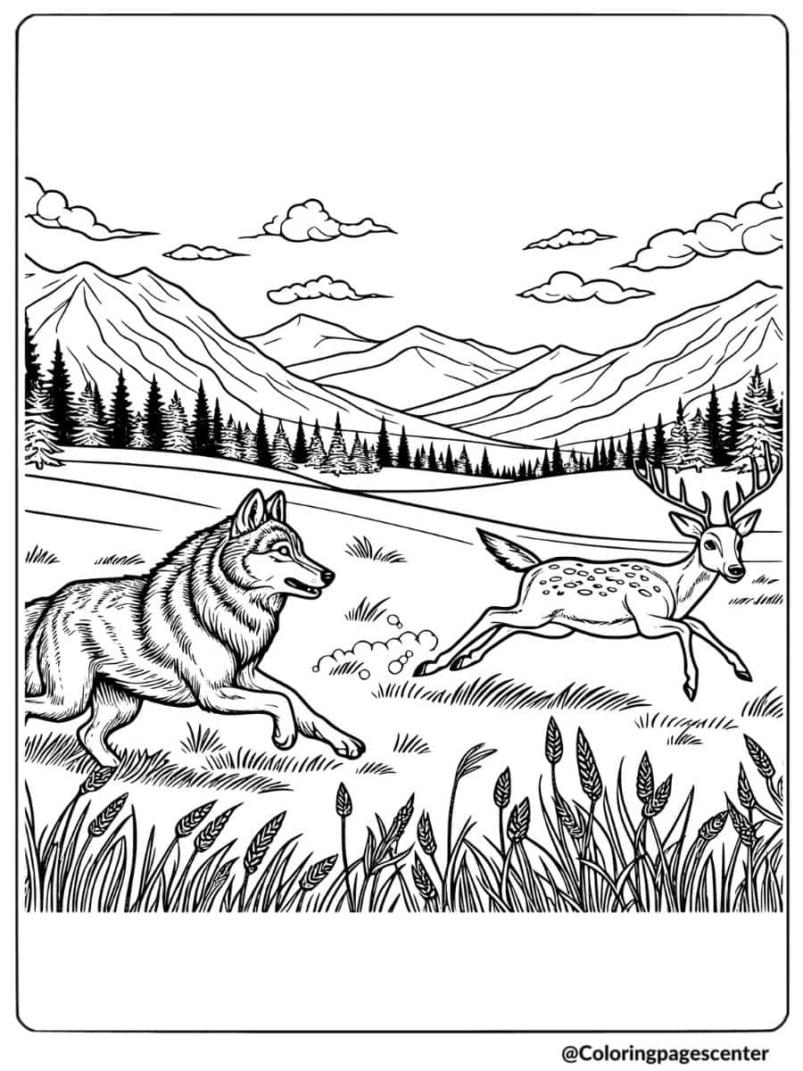 Wolf chasing a deer across mountains coloring page