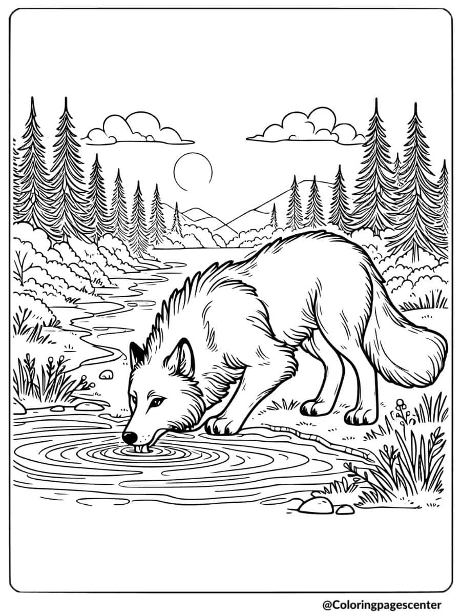 Wolf drinking water from a river coloring page