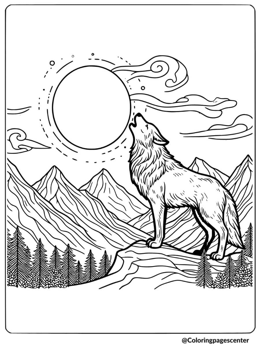 Howling wolf with a full moon coloring page