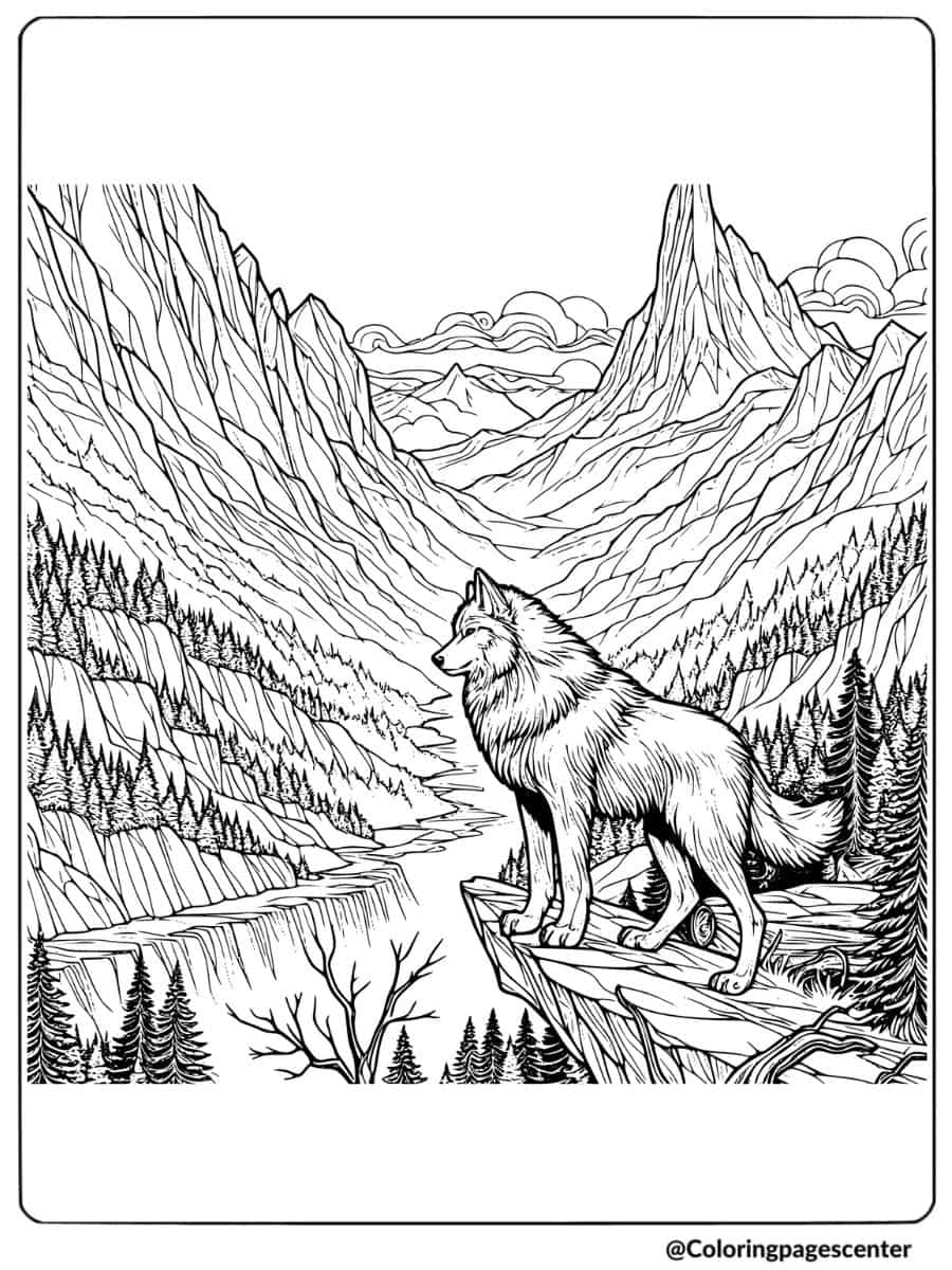 Mountain scene with a wolf howling coloring page