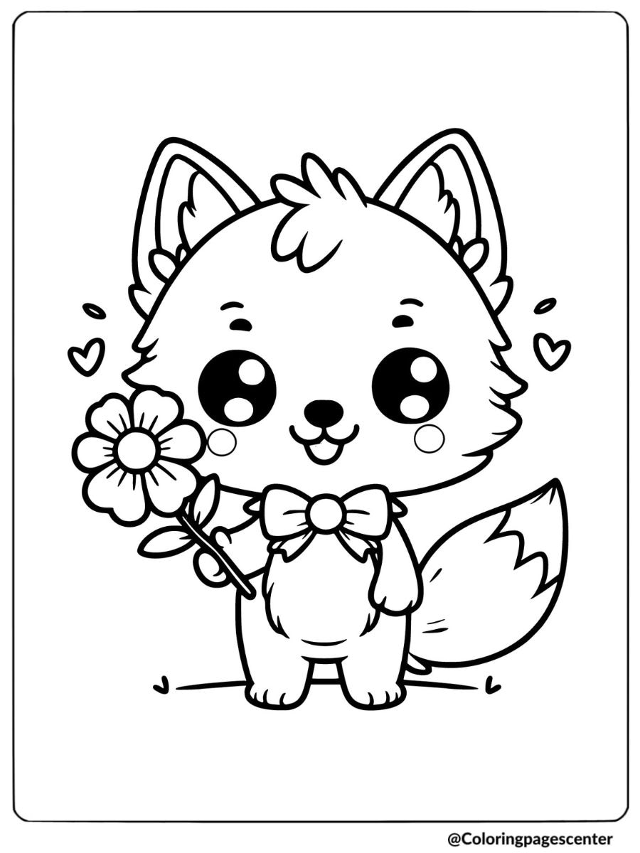 Wolf pup with a flower coloring page