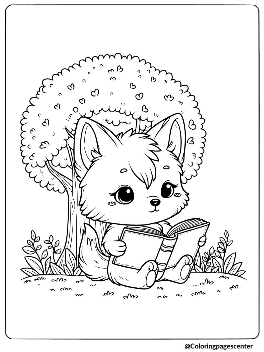 Adorable wolf pup reading under a tree coloring page