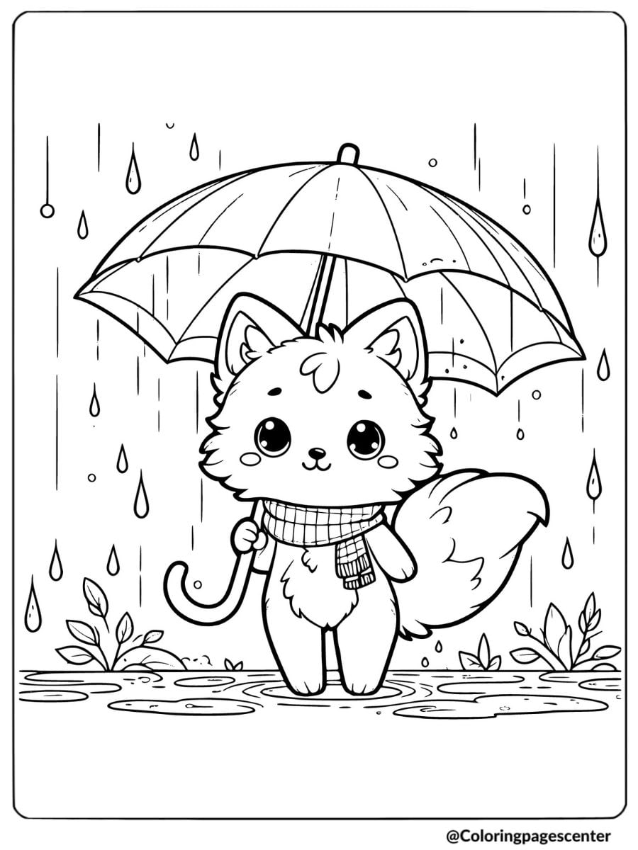 Cute wolf pup with an umbrella in the rain coloring page