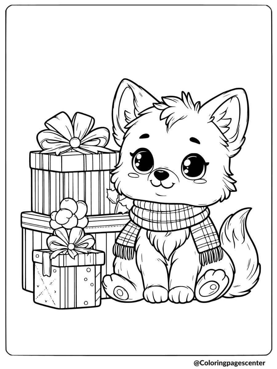 Wolf pup sitting with gifts coloring page