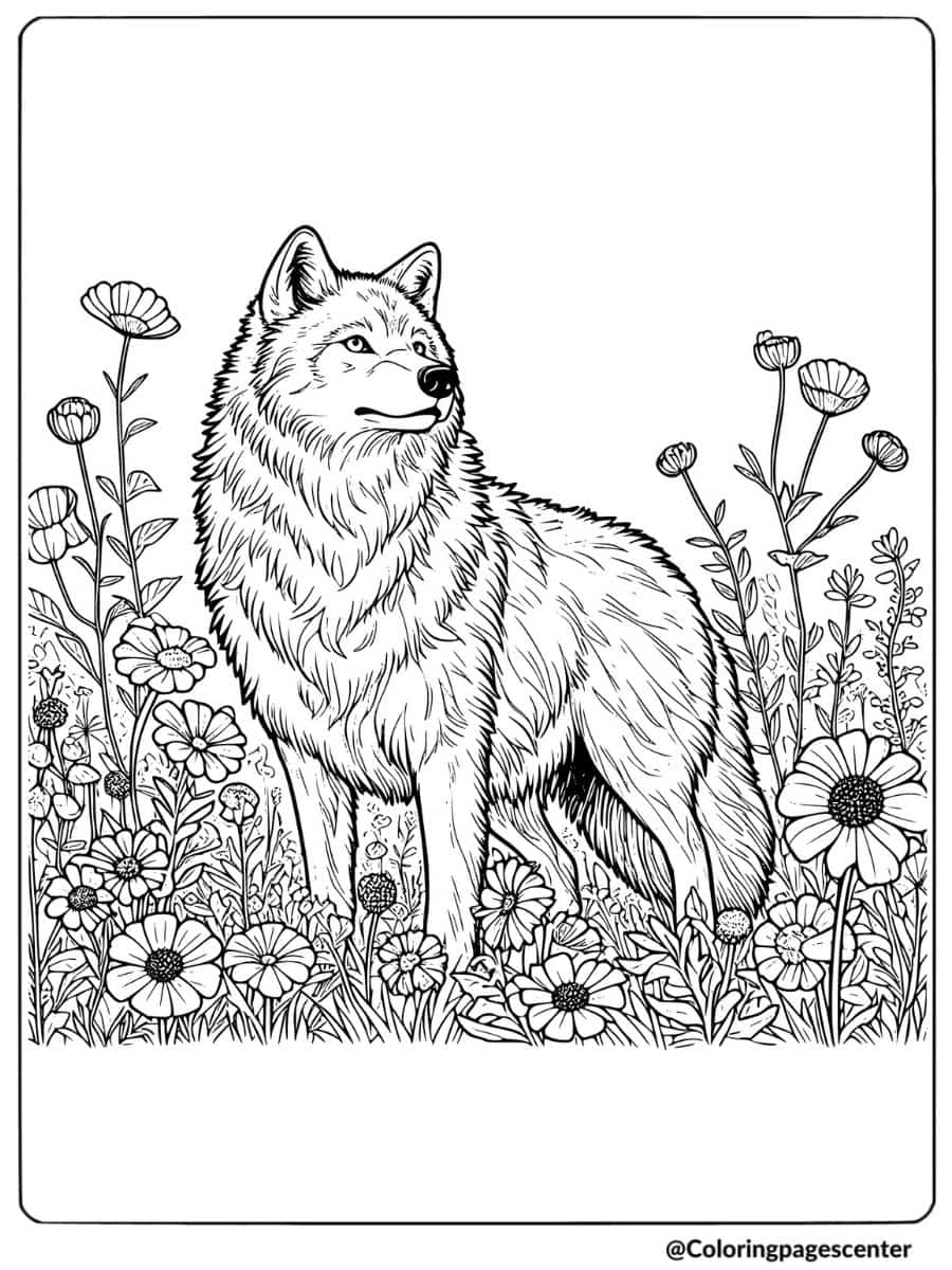 Wolf standing amidst blooming flowers coloring page