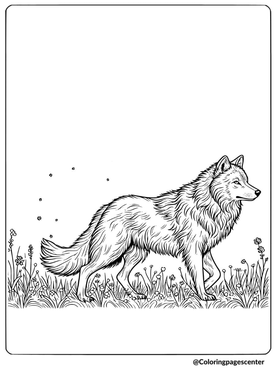 Wolf walking in a flower-filled meadow coloring page