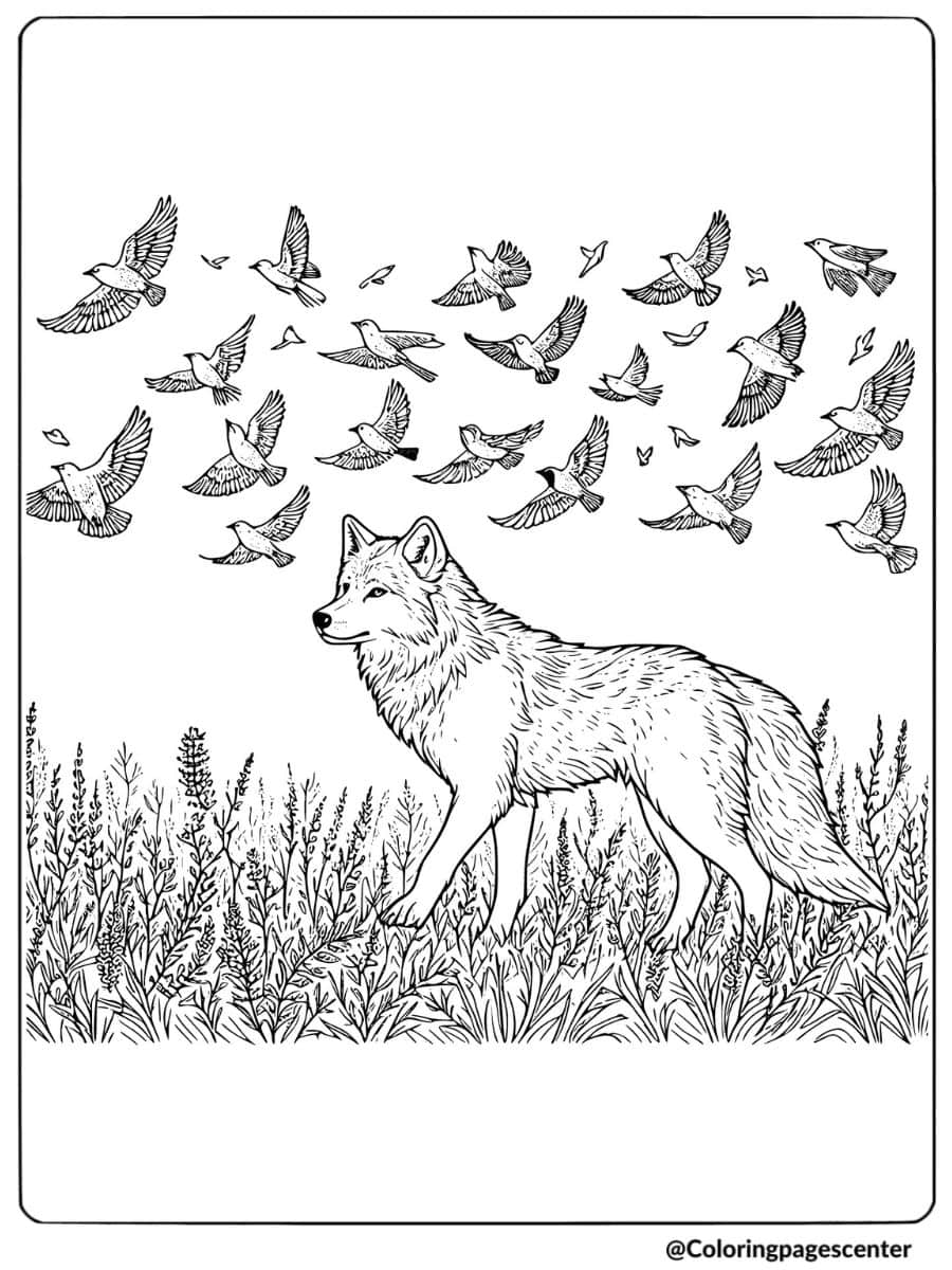 Wolf surrounded by flying birds coloring page